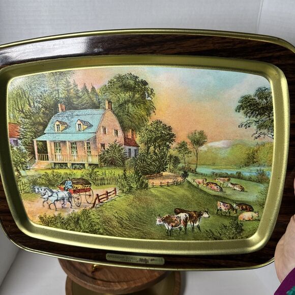 Lot of 2 American Homestead Summer & Autumn Hand Painted Wooden Tin Trays Plates - Picture 4 of 14